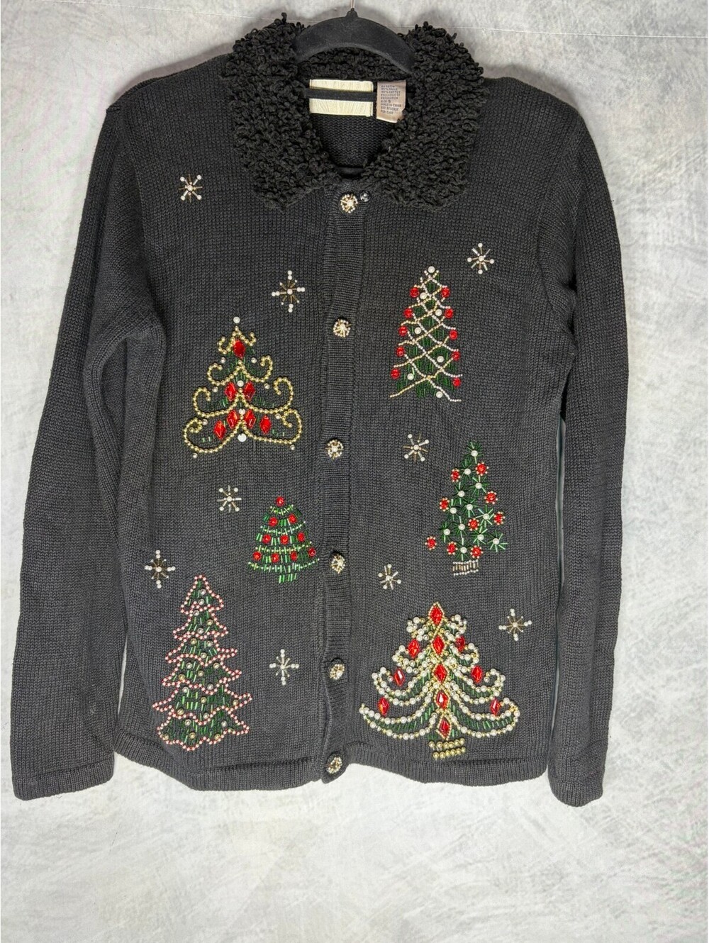 Lemon Grass Women’s Small Black Christmas Cardigan Beaded Jeweled Trees